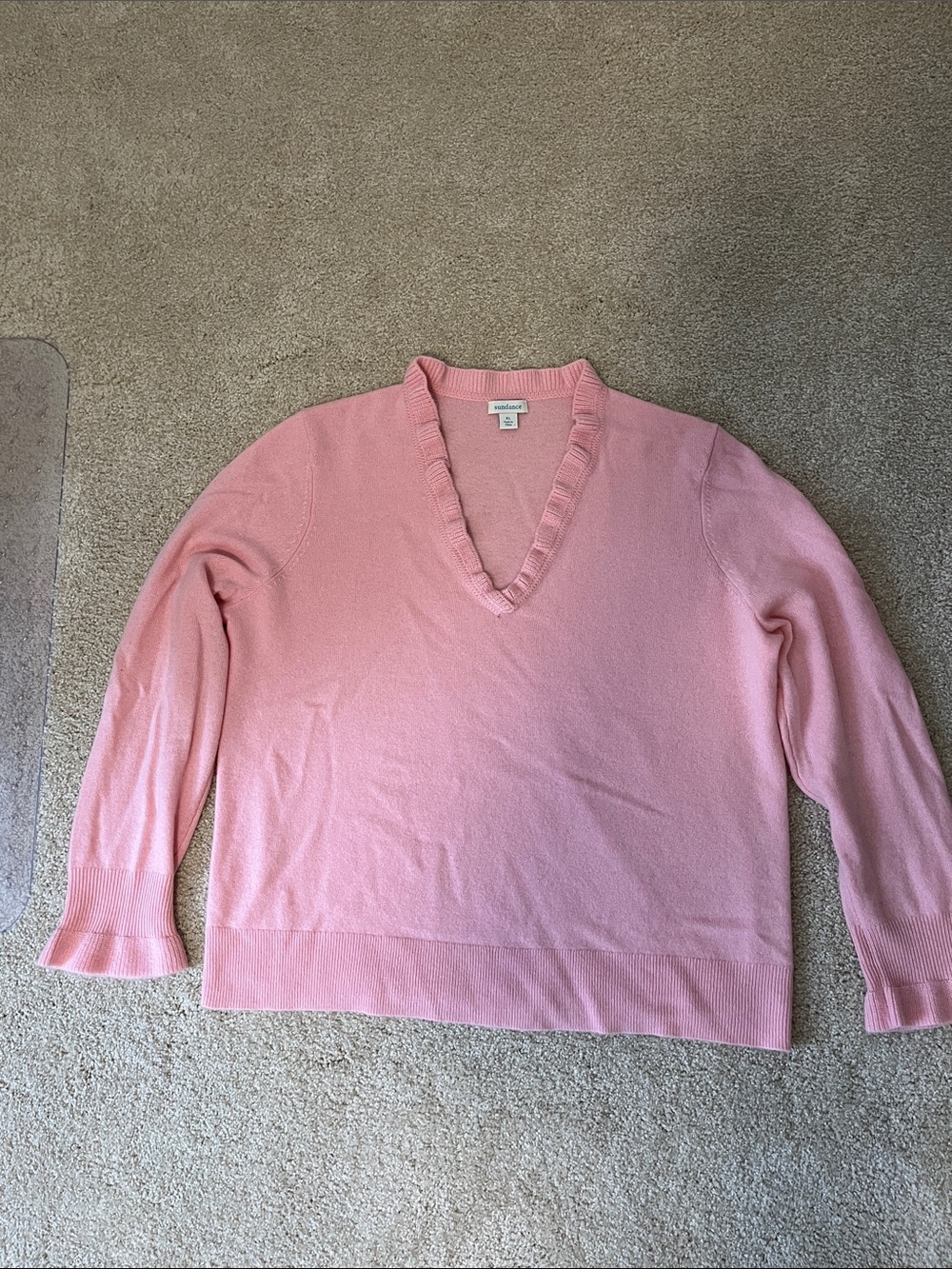 Sundance Cashmere Pink V-Neck Ruffle-Trim Sweater